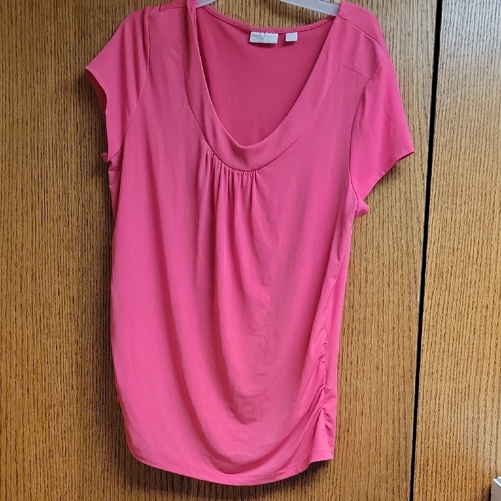 New York & Company Orange Ruched Short Sleeve Blouse